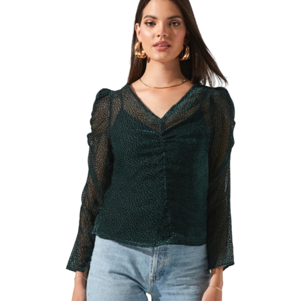 ASTR the Label Spot Me Semi Sheer V-Neck Long Sleeve Ruched Green Top Sz S